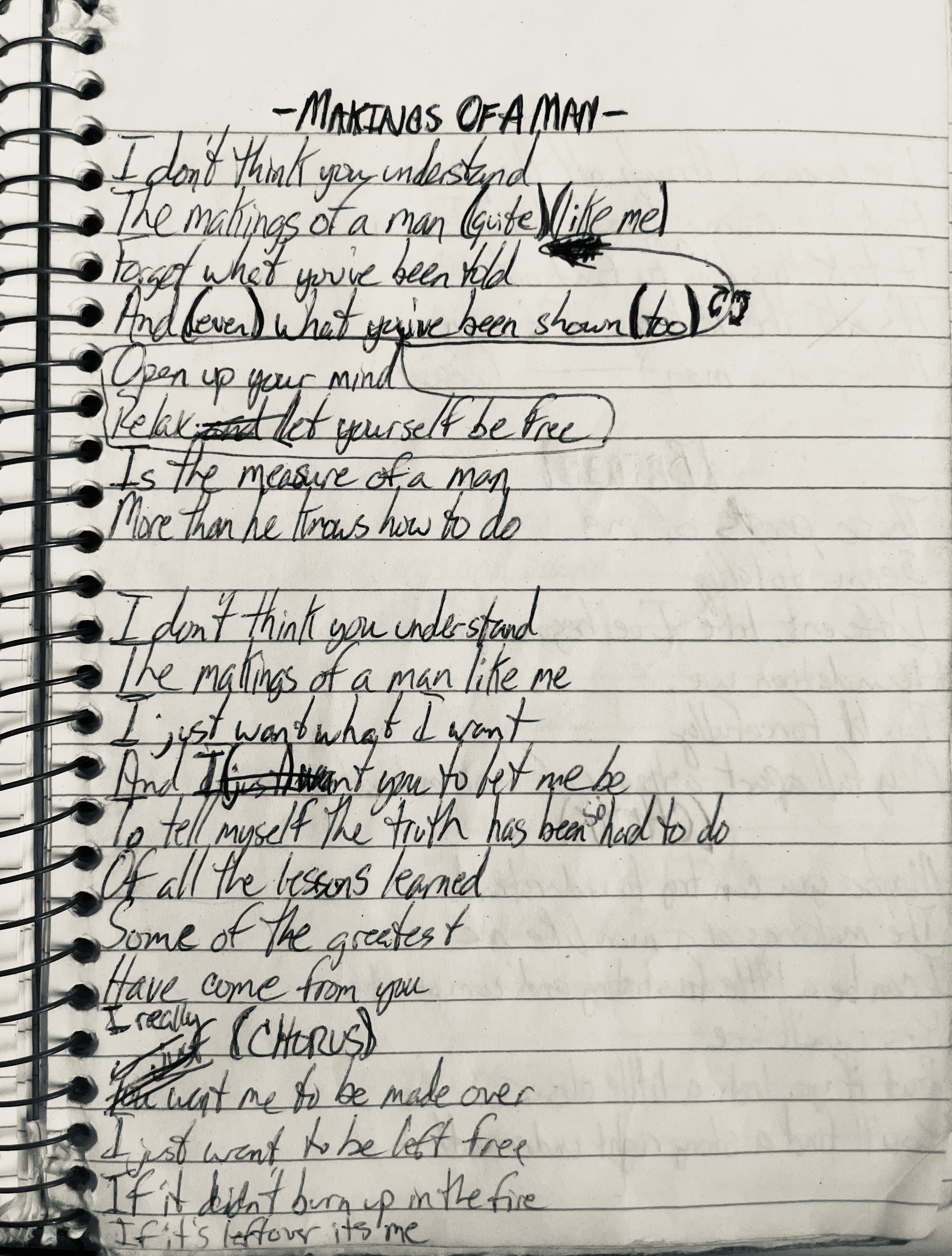 Scanned page from Jason Made's handwritten notebook, showing original lyrics for 'Makings Of A Man' with revisions