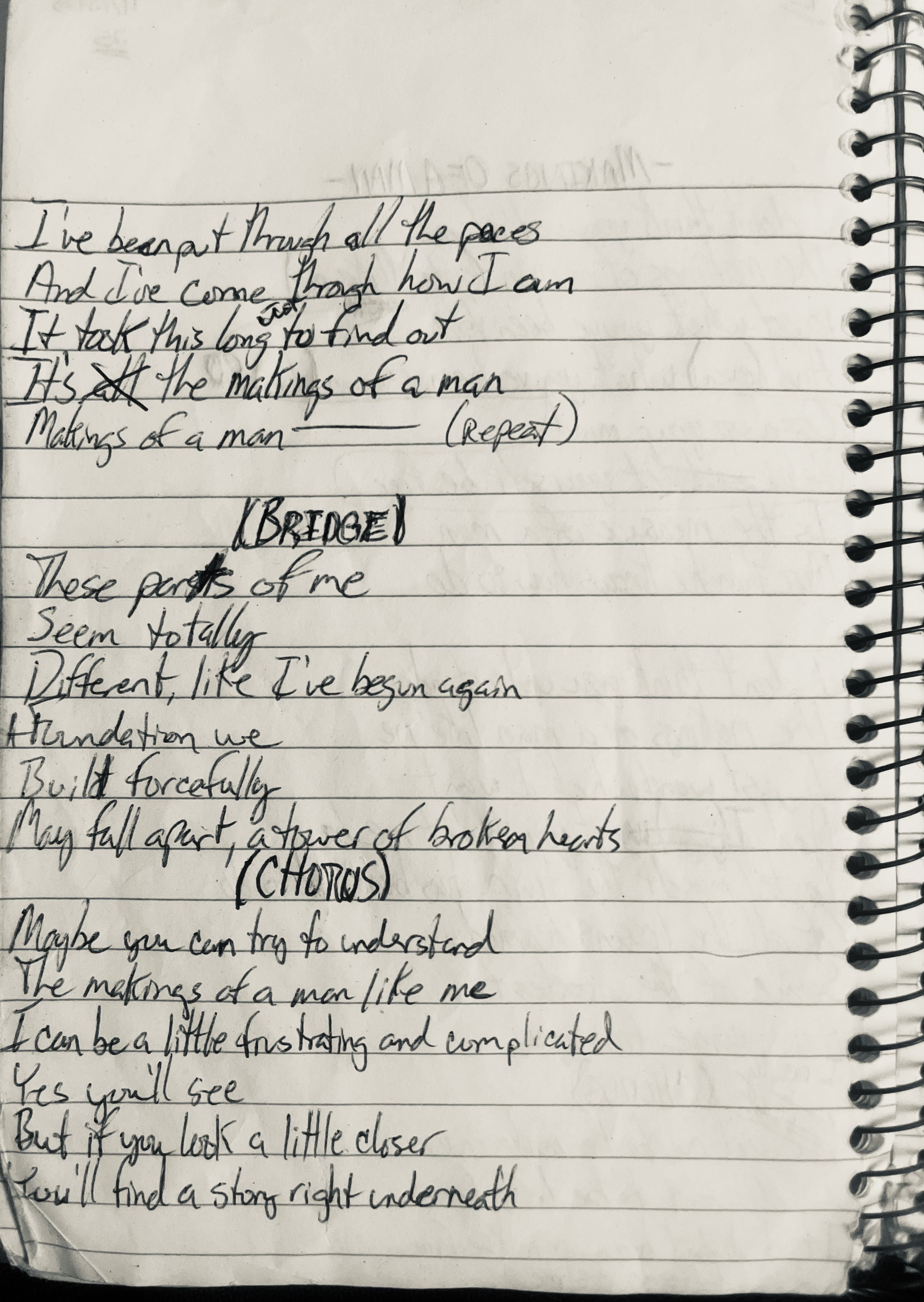 A second scanned page from Jason Made's prison chapel notebook with handwritten bridge and chorus lyrics